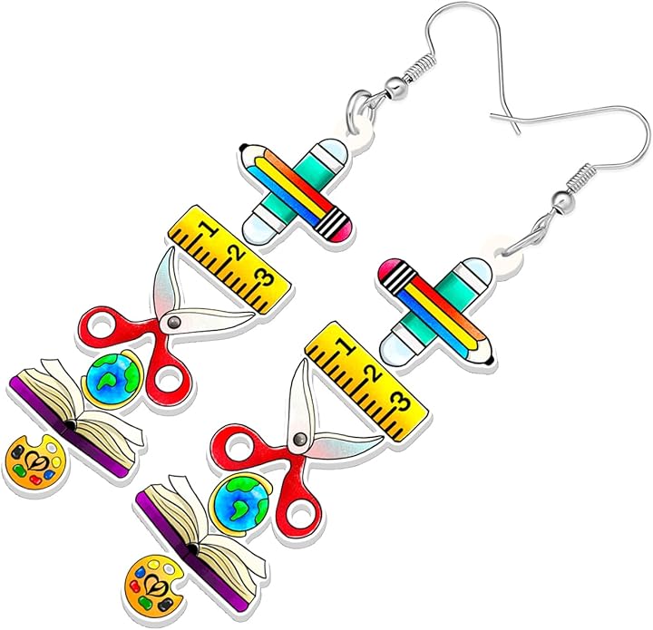 Teacher's Day Acrylic Pencil Ruler Protractor Earrings Double Sided Printing Crayon Scissors Dangle Fashion Jewelry For Women Teachers Charms Gifts