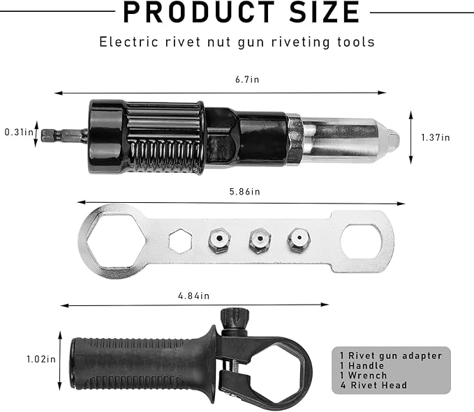 DXNQ Electric Rivet Nut Gun Riveting Tools, Metal Pop Rivet Gun Tool Rivet Drill Attachment with Non-Slip Handle, Efficient Cordless Riveter Adapter Kit Includes 4 Rivet Heads