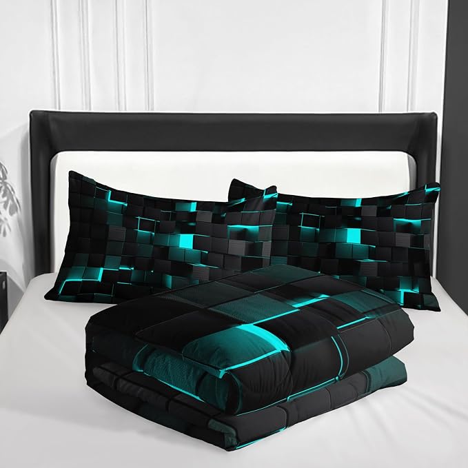 Geometric Turquoise Black Comforter Set,Light Honeycomb 3 Piece Bedding Set King Size for Teen Boys,Modern Quilt Set Geometry Decor,Microfiber Lightweight 1 Comforter 2 Pillowcases All Season