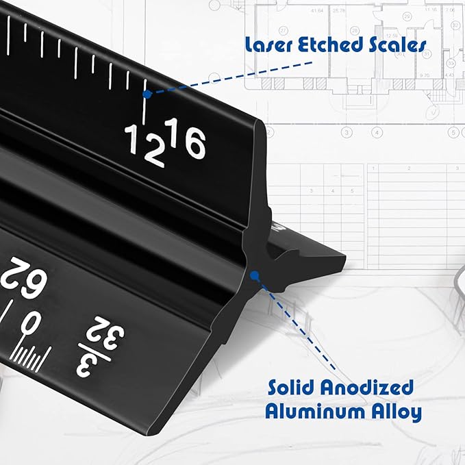 Macarrie 10 Pcs Architectural Scale Ruler 12" Architect Engineers Scale Triangular Ruler Set Aluminum Metal Rulers with Imperial Measurements for Architect Student Draftsman Engineer (Black)