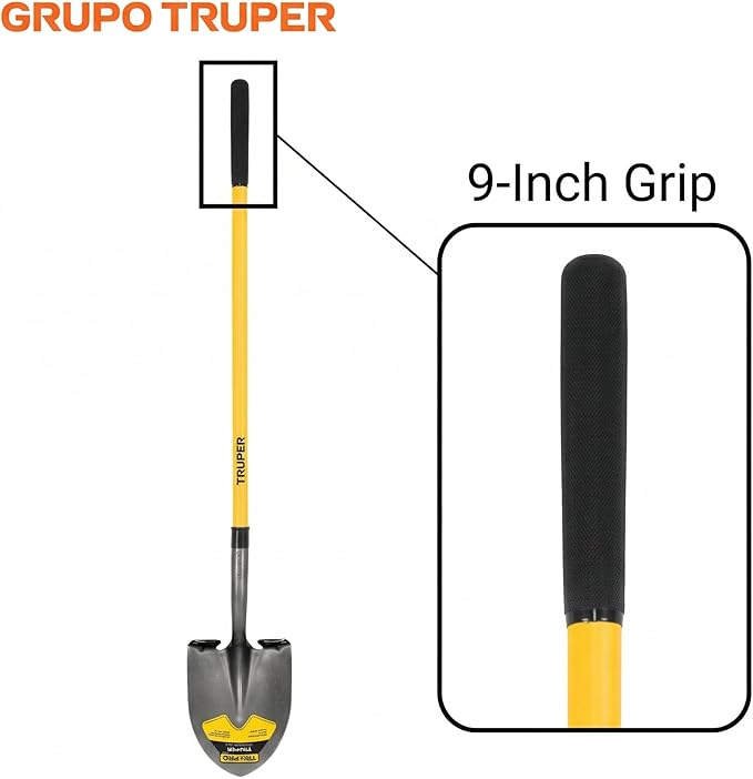 Truper Tru Pro Round-Point Shovel, 48-Inch Fiberglass Handle with 9-Inch Grip, Heavy-Duty Professional Digging & Gardening Shovel (Model PRL-F / 31198)