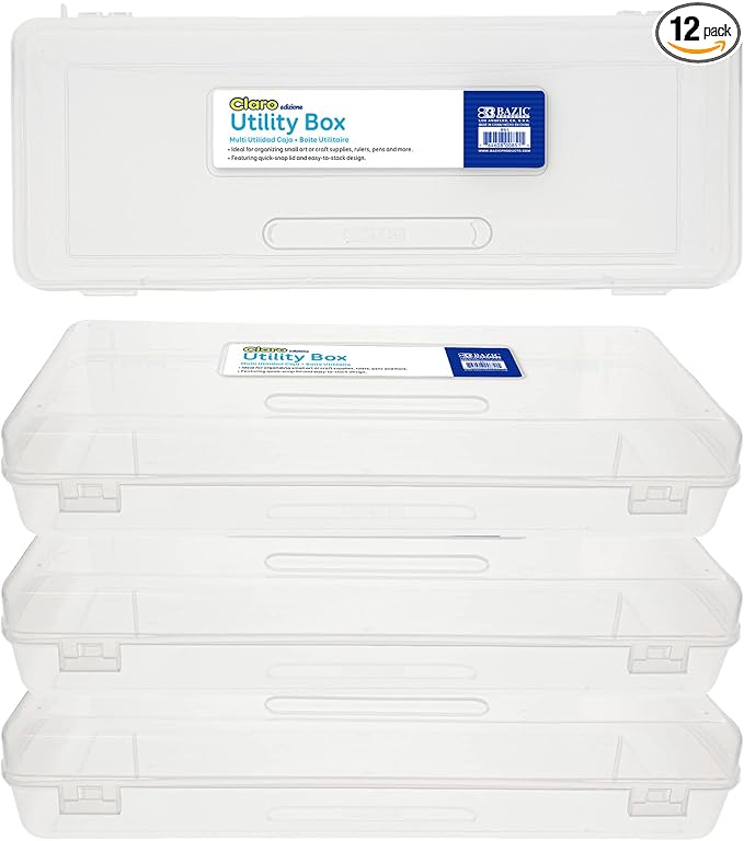 BAZIC PRODUCTS Clear Ruler-Length Utility Box, 13 3/8 x 5 3/8 x 2 1/2 in, for School Office Supplies, Case of 12