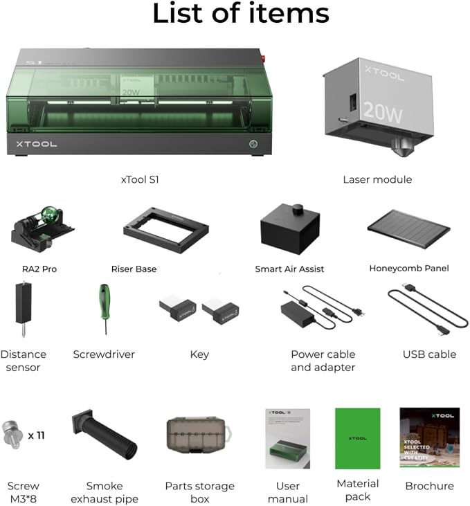 xTool S1 20W Laser Cutter and Laser Engraver for Tumblers, 23.93" x 15.16" Bed Size, 600mm/s Speed, Laser Engraving Machine, Laser Engraver for Wood and Metal, Acrylic, Big Project - Rotary Bundle