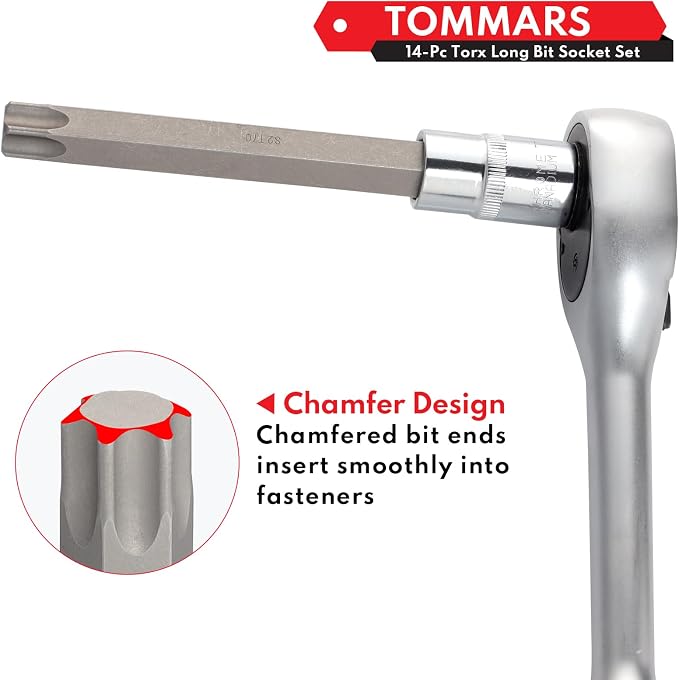 TOMMARS 14-PC Long Torx Bit Socket Set | T10, T15, T20, T25, T27, T30, T35, T40, T45, T47, T50, T55, T60, T70, 3/8", 1/2" Drive, S2 Alloy Steel