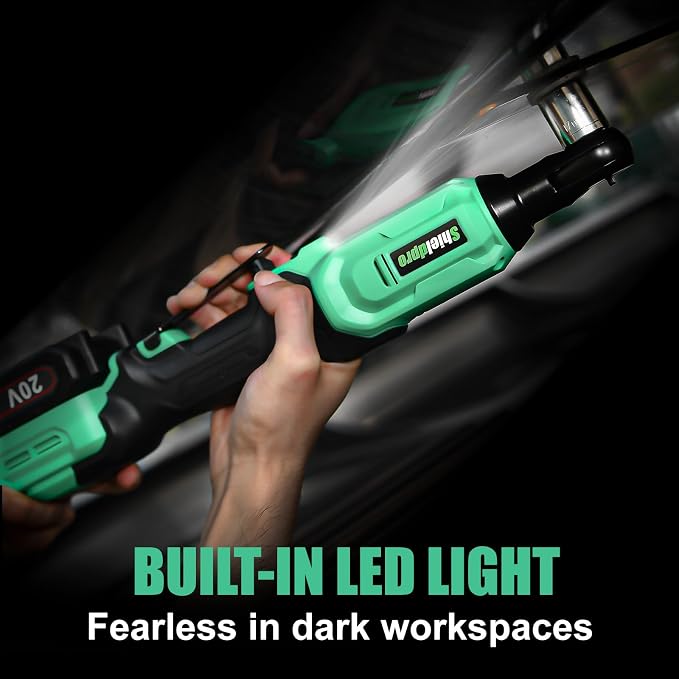 20V Cordless Ratchet Wrench Set - 3/8" Electric Power Ratchet Kit with 400RPM, LED Work Light, and 2 Batteries, Fast Charger, Sockets, Adapters and Extension Bars (Green)