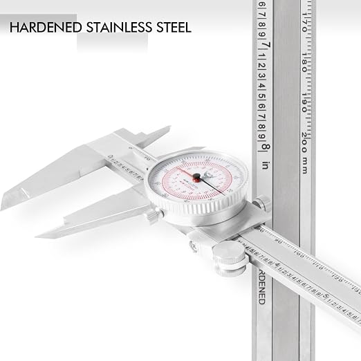 PECtools 8 Inch Dial Caliper, DIN 862 Inch/Metric Double Dial Caliper, 0-200mm, 0.001"/0.02mm Resolution, Stainless Steel, Shock Resistant, with Case