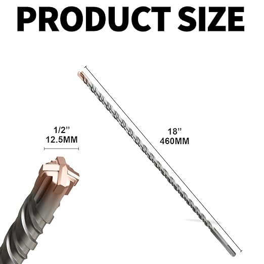 SDS Plus Rotary Hammer Drill Bit,1/2"×18"（12.5mm×460mm） - 4 Carbide Cutting Edges & Coated Head | Heavy-Duty for Masonry, Concrete, Natural Stone, Brick Walls