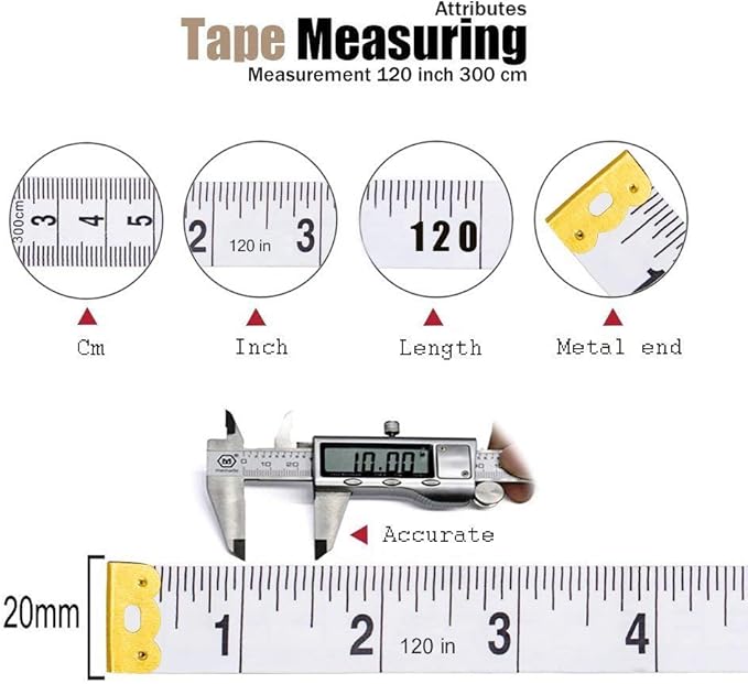 Tape Measure Body Measuring Tape, 120 Inch Soft Fabric Measuring Tape for Sewing Cloth Measurement, Double Scale Tailor Ruler for Weight Loss Medical Measurement Nursing Craft(White/Black)