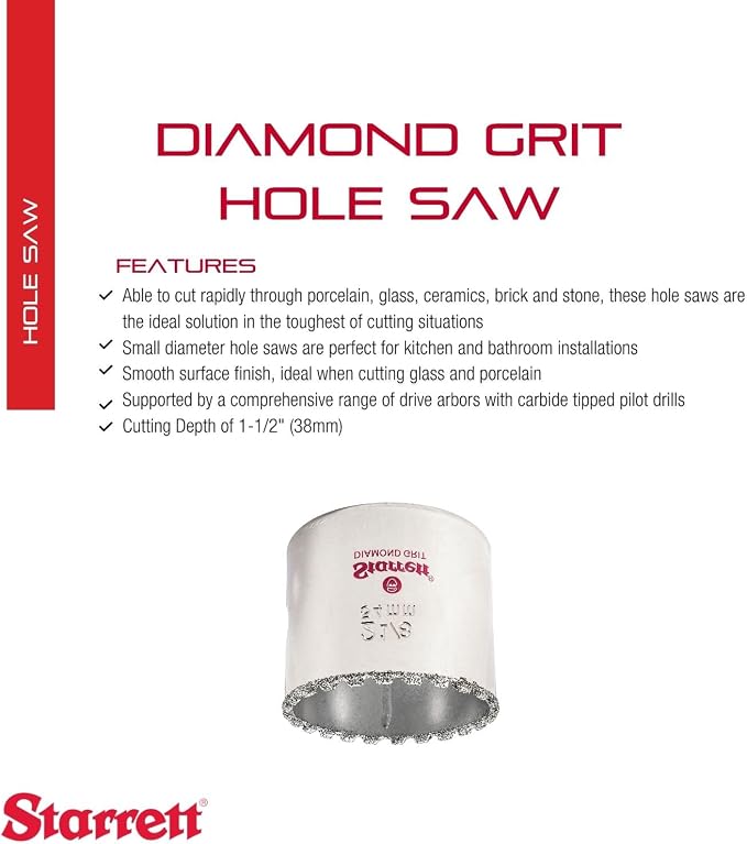 Starrett Diamond Grit Hole Saw 2-1/8" Dia, 1-5/8" Cutting Depth | Ideal For Drilling Small Diameter Holes, 5/8-18 Thread Size, XA2 Or XA10 Arbor Type Compatible, Silver Finish, KD0218-N