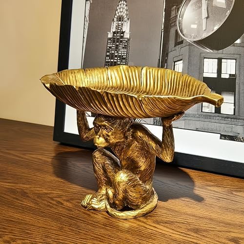 13.2'' L Monkey Fruit Tray Key Jewelry Dish Resin Statue Gold | resin catchall tray plates high bowl containers organizers for table entryway entry dresser counter gift