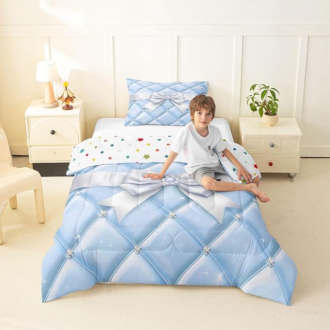 Feelyou Cute Blue Bow Bedding Set Soft for Boys Girls, Geometry Bowknot Comforter Set Toddler Size Glitter Duvet Quilt Microfiber Bedroom Decor 2 Pcs with 1 Pillow Cases