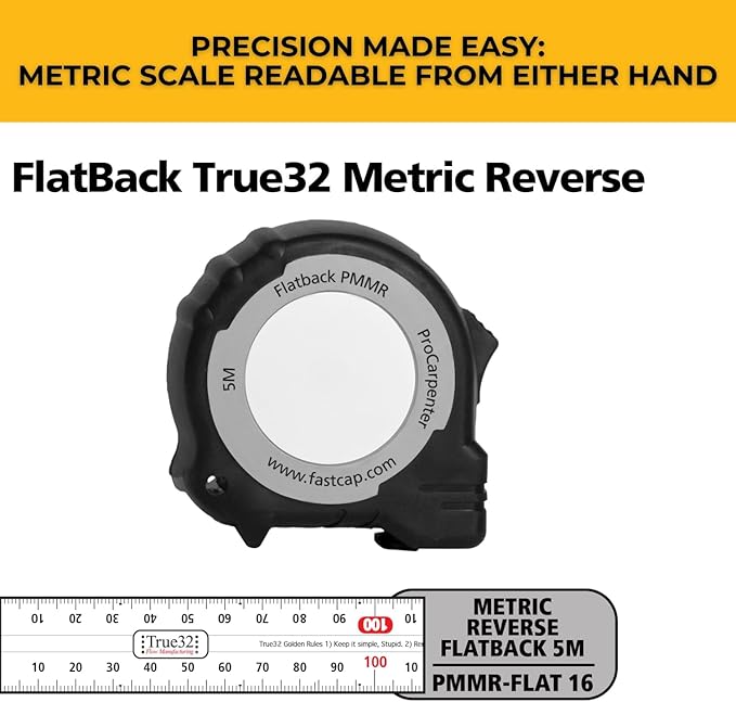 FastCap ProCarpenter Metric/Metric Reverse Flatback Measuring Tape - Ideal for Professionals and Home Improvement - with Lever Action Belt Clip and Dual Locking System - 16 Foot - 99944I