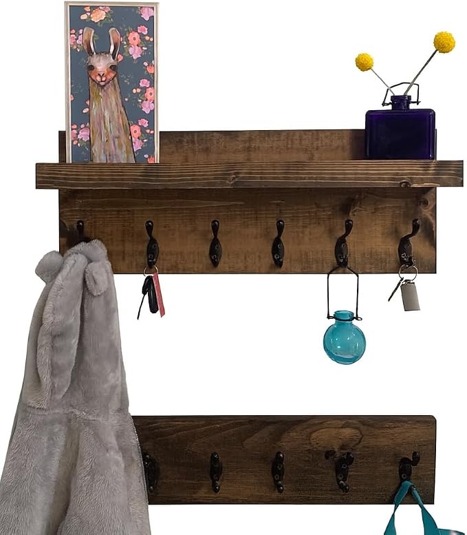 Coat Rack with Shelf Wall Mounted with Storage (Choose Your Length) Towel Rack Entryway Organizer Key Hooks (16" L (4 Hooks) Set of 2)