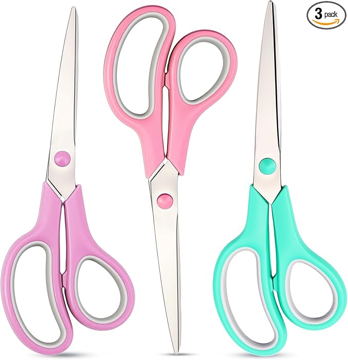 Scissors 8.5 Inch scissors all purpose for Office, Home, Sewing,and Crafts,Soft Comfort-Grip Right/Left Hand 3-Pack, Multicolor