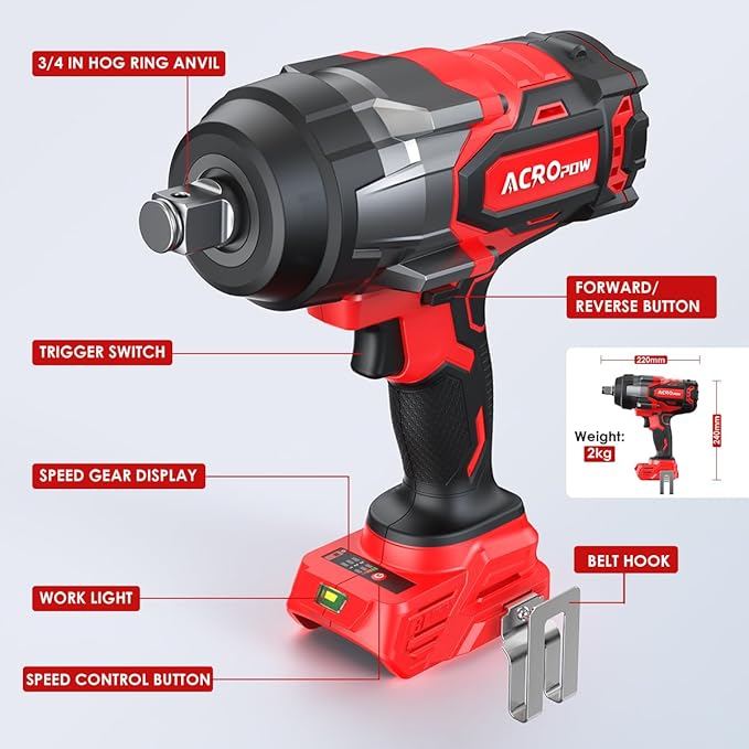 ACROPOW Cordless Impact Wrench Compatible with Milwaukee 18V Battery， 3/4” 1850FT-LBS Brushless High Torque Impact Driver, Auto-Stop Reverse, Variable Speed Heavy Duty Impact Gun(Bare Tool)