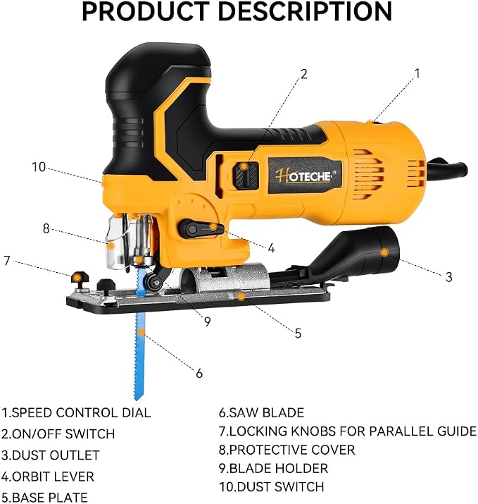 Hoteche 6.5-Amp Jig Saw Corded 6 Vriable Speed Jigsaw with LED Light and 2Pcs of Blades