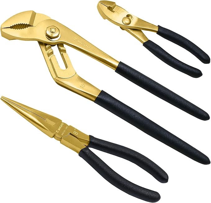WEDO Brass Pliers Set with Non-Slip Handle - 8" Snipe Nose, 10" Groove Joint, 6" Slip Joint
