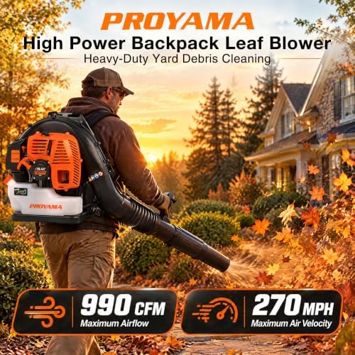 PROYAMA 79.4CC Gas Backpack Leaf Blower, 990CFM 270MPH Blower For Lawn Care