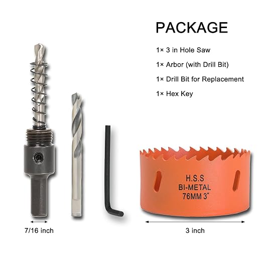 3 inch Hole Saw with Arbor for Metal Wood Plastic, 76mm Bi-Metal Hole Cutter for Different Project with Smooth and Flat Drilling Edge, Fast Chip Removal