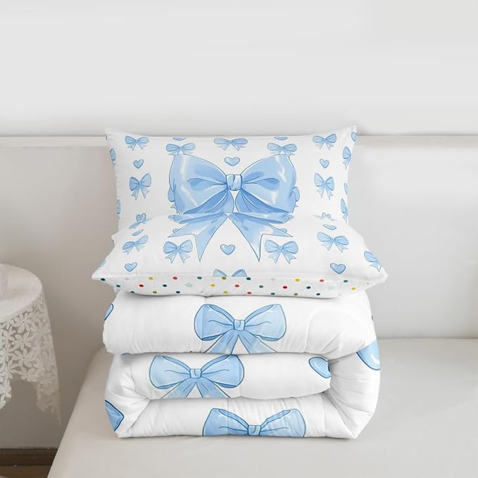 Feelyou Cute Blue Bowknot Kids Comforter Set Queen Size Love Hearts Bow Bedding Set Girly Bow Duvet Quilt for Kids Boys Girls Bedroom Decor Microfiber Ultra Soft Breathable