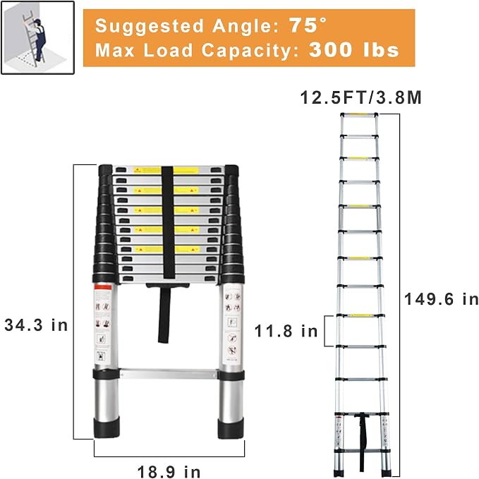 Telescoping Extension Ladder 12.5 FT, Folding Telescopic Aluminum Ladders, Lightweight Collapsible Ladder Step for RV Roof Attic Home, 300 LB Capacity (12.5 FT)