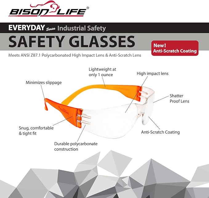 BISON LIFE Clear Safety Glasses – ANSI Z87.1 Scratch & Impact Resistant Wrap Around Eye Protection Goggles for Men & Women