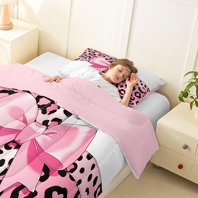 Feelyou Leopard Print Comforter Set Twin Size Leopard Bow Bedding Set for Kids Boys Girls Animal Fur Duvet Quilt Bedroom Decor Microfiber 2 Pcs with 1 Pillow Cases