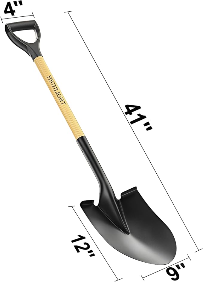 Heavy Duty Garden Shovel for Digging, 41 Inch Round Point with D-Handle, Cold Rolled Steel Blade- for Edging, Trenching, Transplanting, Snow Removal - Wood Handle for Camping, Beach, Car Emergency