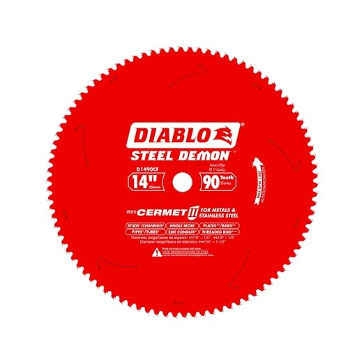 Diablo Steel Demon Cermet II Saw Blade for Thin Metal - 14" Diameter, 90 TCG Teeth, 1" Arbor, .083" Kerf, 0° Hook Angle, .0.71" Plate, 1800 Max RPM - D1490CF