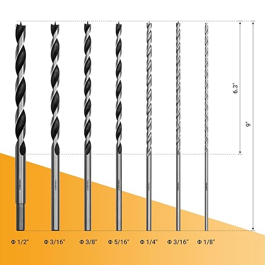 Extra Long 9.05" Brad Point Wood Drill Bit Set Imperial - 7 Pack Carpenters Quality - Drill Splinter-Free Perfectly Round Holes in All Types of Wood (1/8",3/16",1/4", 5/16",3/8",7/16",1/2")