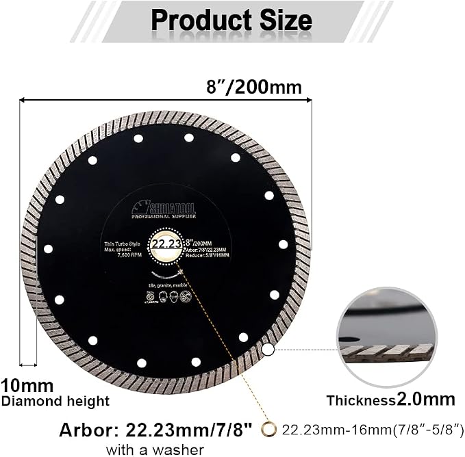 SHDIATOOL Diamond Turbo Blade 8 - Inch Super Thin Cutting Disc for Porcelain Ceramic Tile Granite Dia 200mm 3pieces