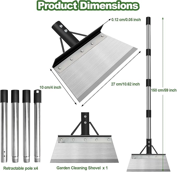 INCIKITI Multifunctional Garden Cleaning Shovel, Heavy Duty Steel Flat Shovel with 59" Adjustable Handle, Snow Ice Scraper, Outdoor Spade Tool for Weeding, Lawn Edging, Digging, Ice Removal