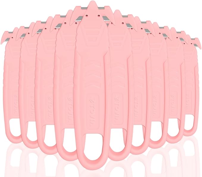 T TOVIA Safety Box Cutter Knife of Recessed Concealed Stainless Steel Blade, Package Opener Plastic Cutter for Box, Carton, Shrink Wrap, Plastic Straps, 10pcs Pink