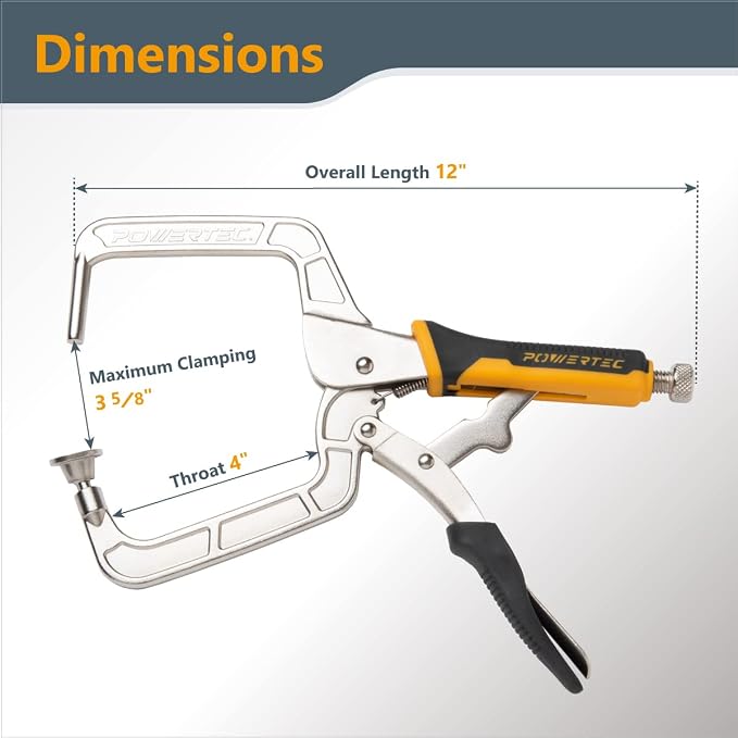 POWERTEC Pocket Hole Clamp, Quick Release 12” Right Angle Clamp for Pocket Hole Joinery, Vise Grip Clamps w/Ergonomic Grip & Swivel Pad, Clamps for Woodworking, DIY, Drawer Making - 2PCs (71744)