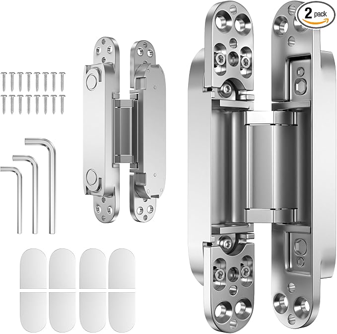 7" 2 pcs Hidden Hinges for Doors Invisible Hinges Concealed Zinc Alloy 180 Degree Swing 3 Way Adjustable Butt Silent Door Hinge 7 x 2.8 x 1 inch (Silver)