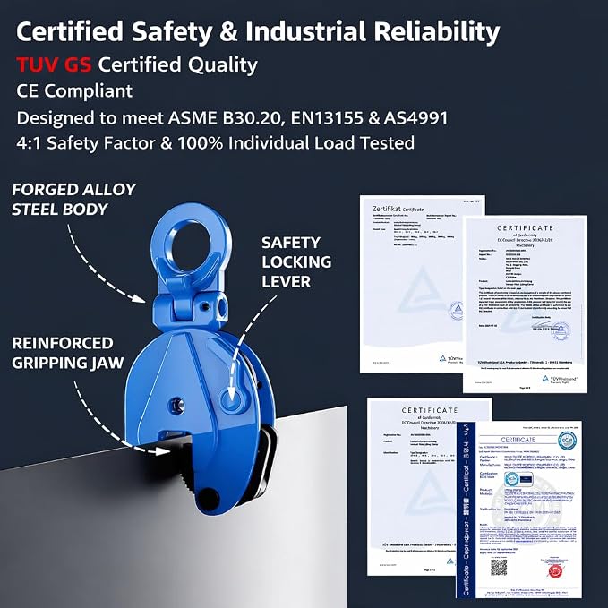 Steel Plate Lifting Clamp 0.8 Ton, 0.6 in Jaw Opening, GS Certified