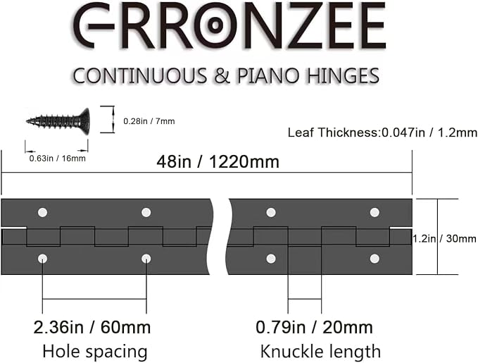 Heavy Duty Piano Hinge 48 Inch Long x 1.2 Inch Open Width Stainless Steel Black Continuous Hinge for Cabinet, Door, DIY Wood Boxes, 0.047" Leaf Thickness