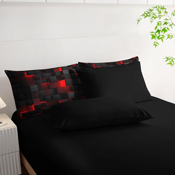 Nttopship Geometric Red Black King Comforter Set,Light Honeycomb Bedding Set 7 Piece in A Bag,Bed Sheet Set Geometry Decor,Microfiber Lightweight All Season