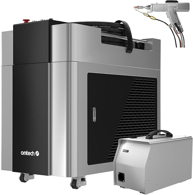 OMTech 1500W Handheld Fiber Laser Welder, 3 in 1 Laser Welding Cleaning Cutting Machine with Laser Gun, Wire Feeder, Built-in Water Chiller, 20 Welding Nozzles, Laser Welder Cleaner Cutter for Metal