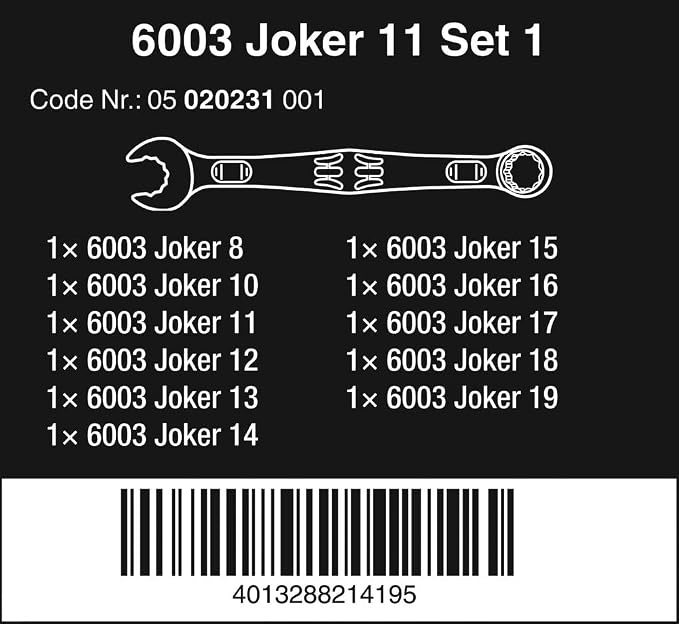 Wera 05020231001 6003 Joker 11 Set 1 Combination Wrench Set, 11 Pieces