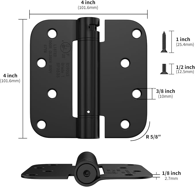 goldenwarm 2Pack Black Door Hinges 4 Inch Self Closing Spring Door Hinge with 5/8" Radius Corners - Adjustable Door Closing, Residential & Heavy-Duty Hardware