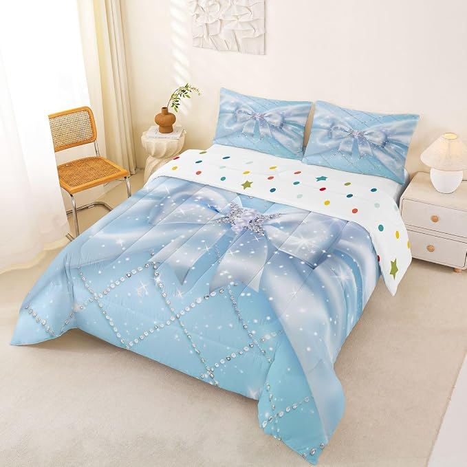 Feelyou Blue Bow Bedding Set Soft for Boys Girls, Glitter Bowknot Comforter Set King Size Princess Duvet Quilt Microfiber Bedroom Decor 3 Pcs with 2 Pillow Cases