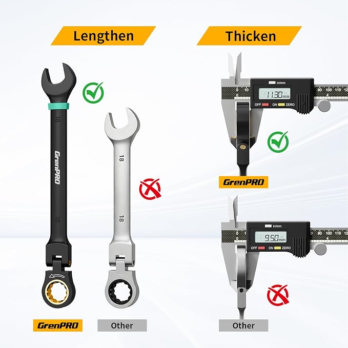 GRENPRO 23PC Flex Head Ratcheting Wrench Set SAE & Metric Combination Sets | 1/4"-3/4"&6-18mm Bolt Gauge, Electro-Coated 72-Tooth 180° Open End 12Pt, Color Rings, Roll Pouch for Auto&Home Repair