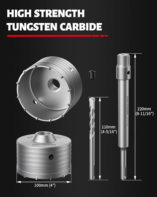 DAYDOOR 4" (100mm) Concrete Hole Saw with SDS Plus Shank Adapter, Tungsten Carbide Tipped Masonry Hole Saw, Heavy Duty Concrete Core Drill Bit for Brick, Cement Wall, and Stone