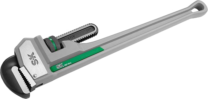 SK 24'' Pipe Wrench, Adjustable Plumbers Wrench, Aluminum Plumbing Wrench | Large Jaw Capacity 1/2'' to 3'', Lightweight I-Beam Handle, Serrated Jaw for Anti-Slip Grip, Drop-Forged Cr-V Steel Head