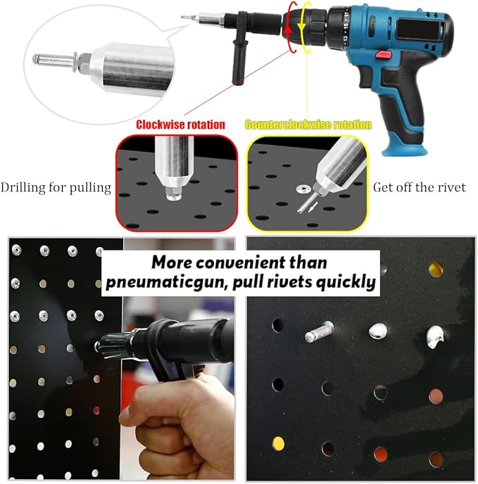 Swpeet 211Pcs Black Alloy Steel Electric Rivet Gun Adapter Kit, Including 2.4/3.2/4.0/4.8mm Diameter Rivet Head and Handle Wrench with 500Pcs Aluminum Blind Rivet Kit