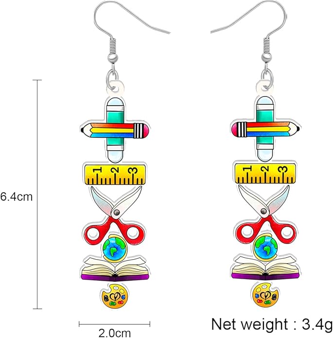 Teacher's Day Acrylic Pencil Ruler Protractor Earrings Double Sided Printing Crayon Scissors Dangle Fashion Jewelry For Women Teachers Charms Gifts