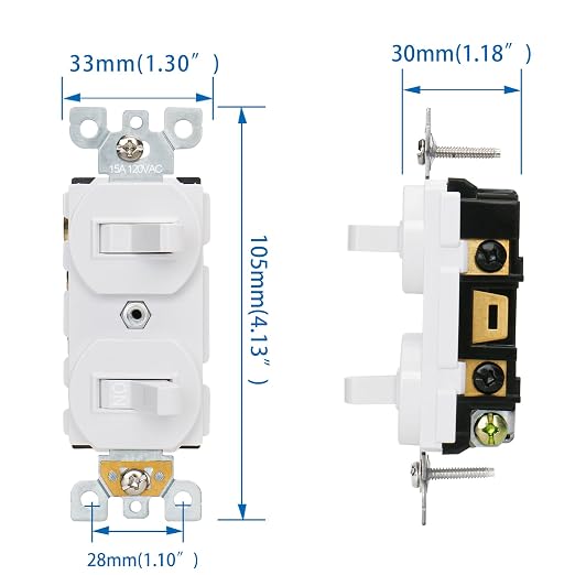 Baomain 2-Pack Double Toggle Light Switch,15 Amp 125V Two Single Pole Residential Grade,On/Off Electrical Wall Switch Self-grounding, Glossy White ETL Certified