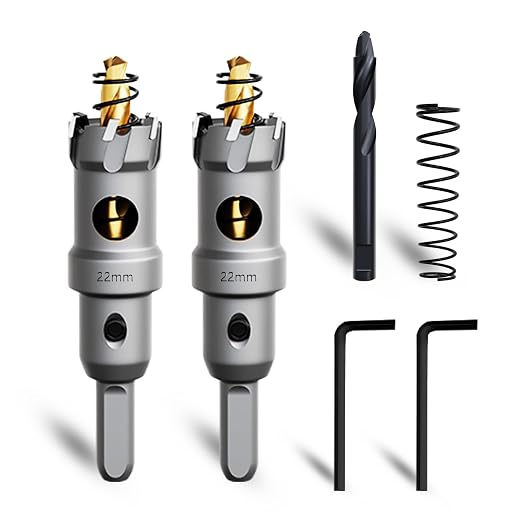 Metal Hole Saw 7/8''(22mm) 2Pcs Set Heavy Duty Tungsten Carbide Tipped Hole Cutters Set with a nitrided Step Drill and L-flench, for Steel Iron,Aluminum,Stainless stell