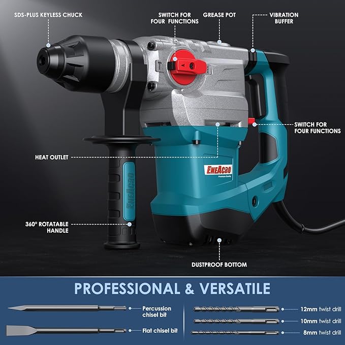 ENEACRO 1-1/4 Inch SDS-Plus 13 Amp Heavy Duty Rotary Hammer Drill | Safety Clutch, 4 Functions, Vibration Control, Includes Grease, Chisels & Drill Bits, With Case